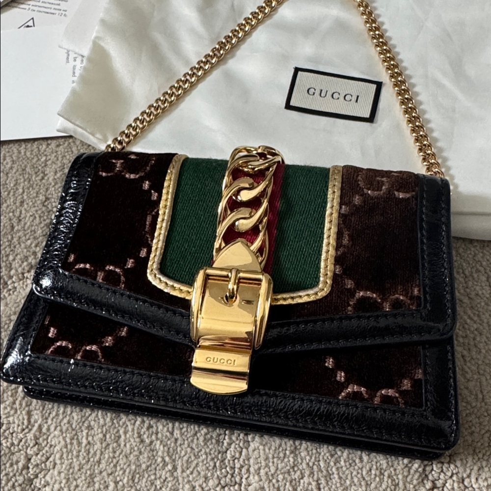 Auth Gucci Monogram Super Mini Sylvie Brown Cipria Velvet Chain Shoulder Bag Box
